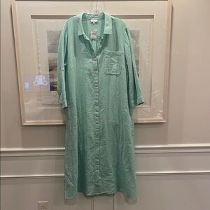 J. Jill XL Gauze 100% Cotton Cool Aqua Button-Up Midi Shirt Dress w/ 3/4 Sleeves